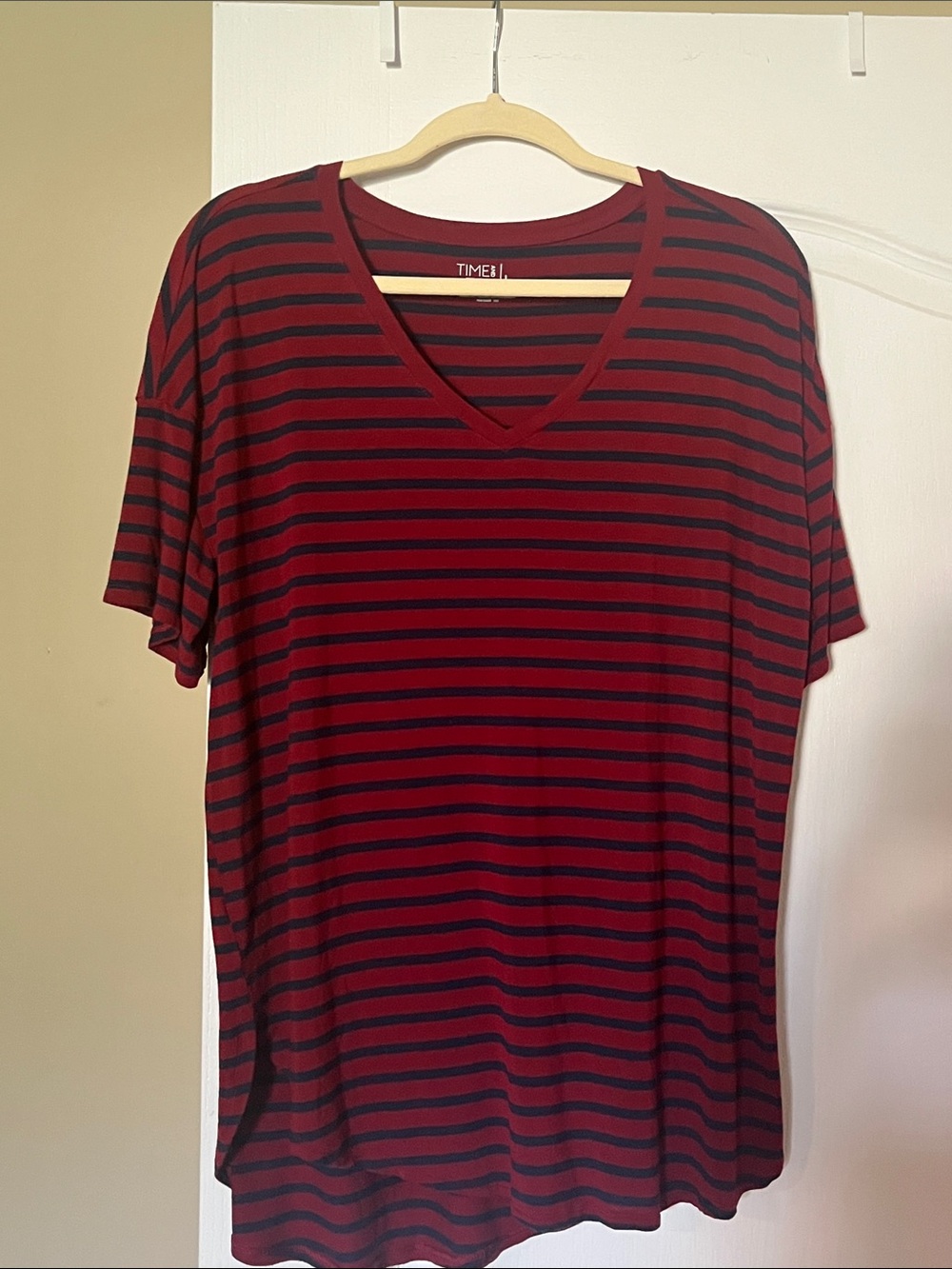 London Times Red and Black Striped V-Neck Top